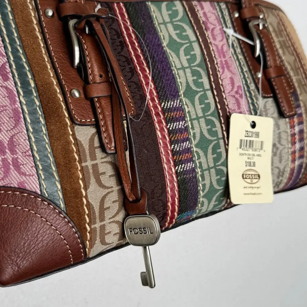 Fossil Signature Patchwork Double Handle Satchel Bag NWT Y2K Multicolor